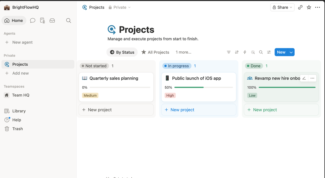 Notion projects board view with status columns on the Free plan