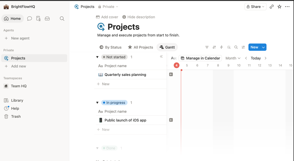 Notion Gantt timeline view of projects