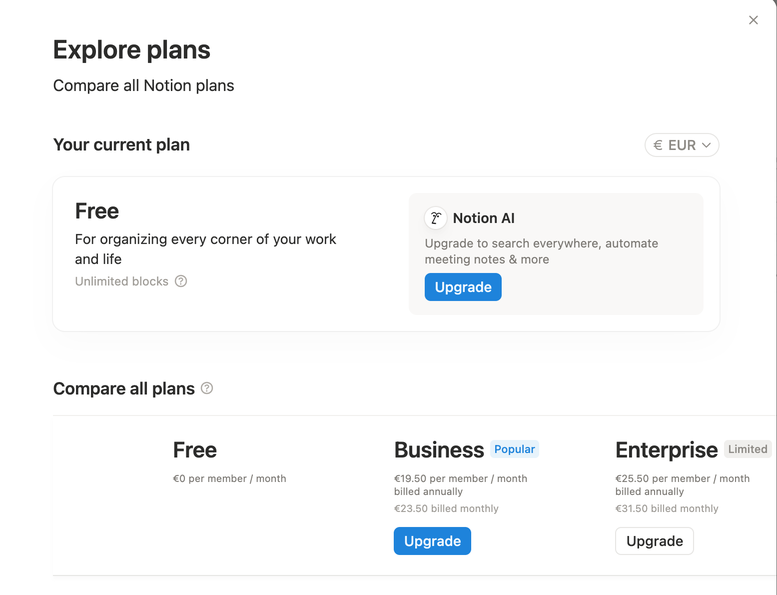 Notion Explore Plans screen showing Free, Business and Enterprise pricing