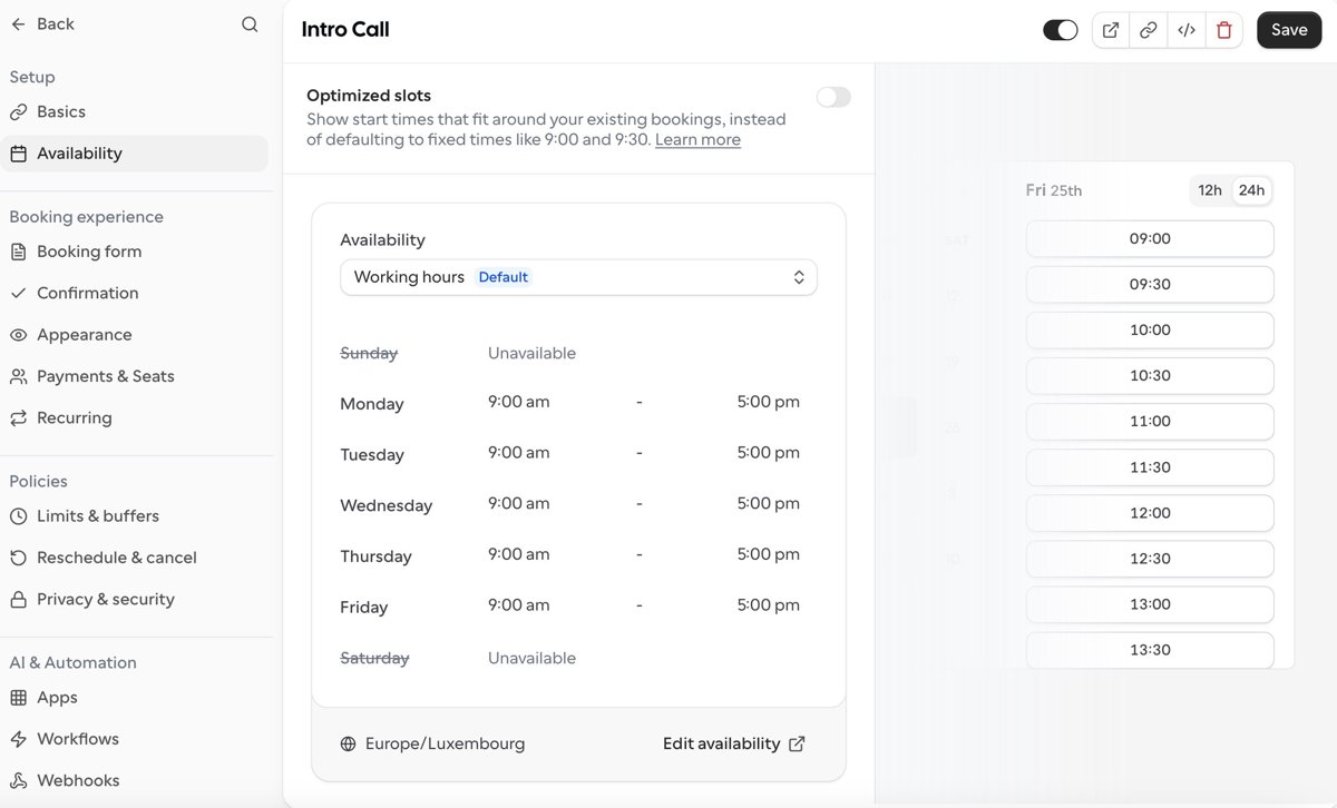 Cal.com availability settings showing weekday working hours