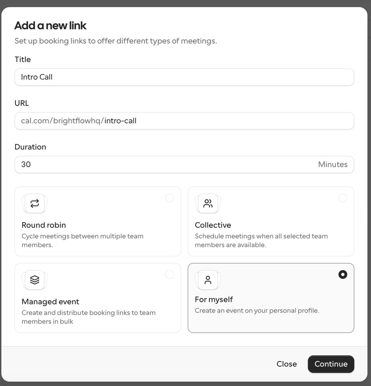 The Cal.com new link dialog with title and duration