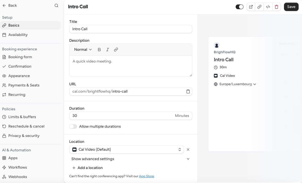 The Cal.com event type editor showing basics settings