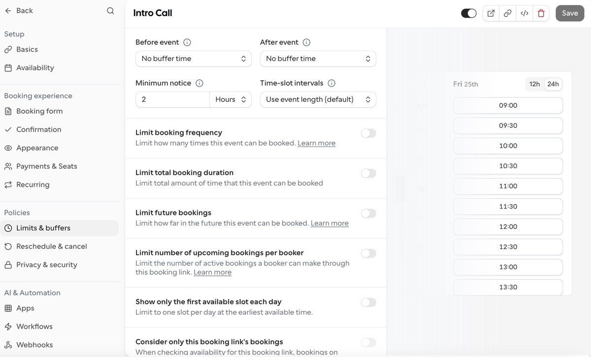 Cal.com limits and buffers settings with minimum notice